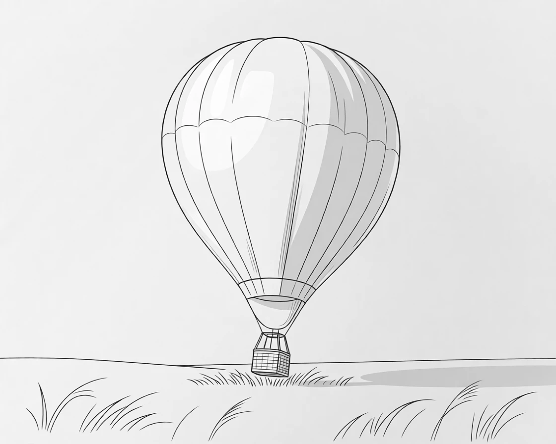 A hot air balloon landing gently in an open field