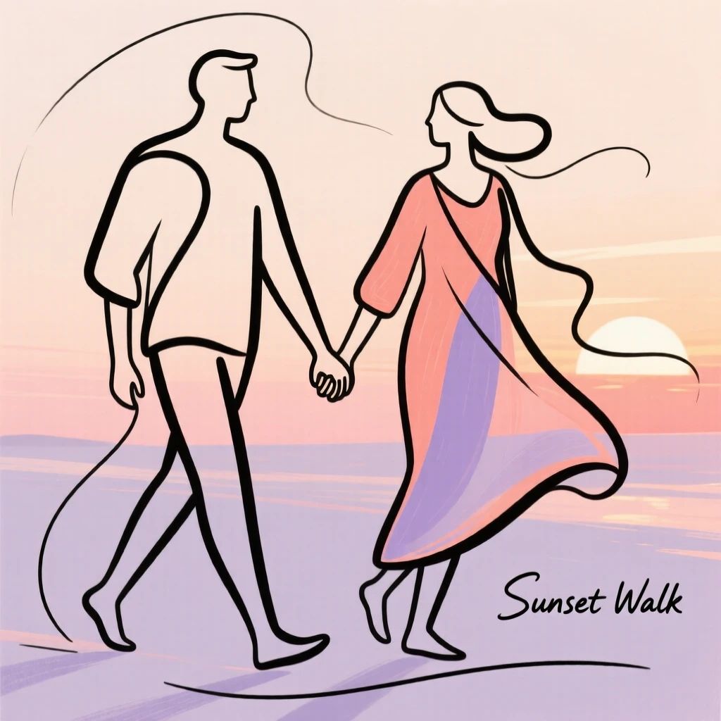 A couple holding hands on a sunset walk