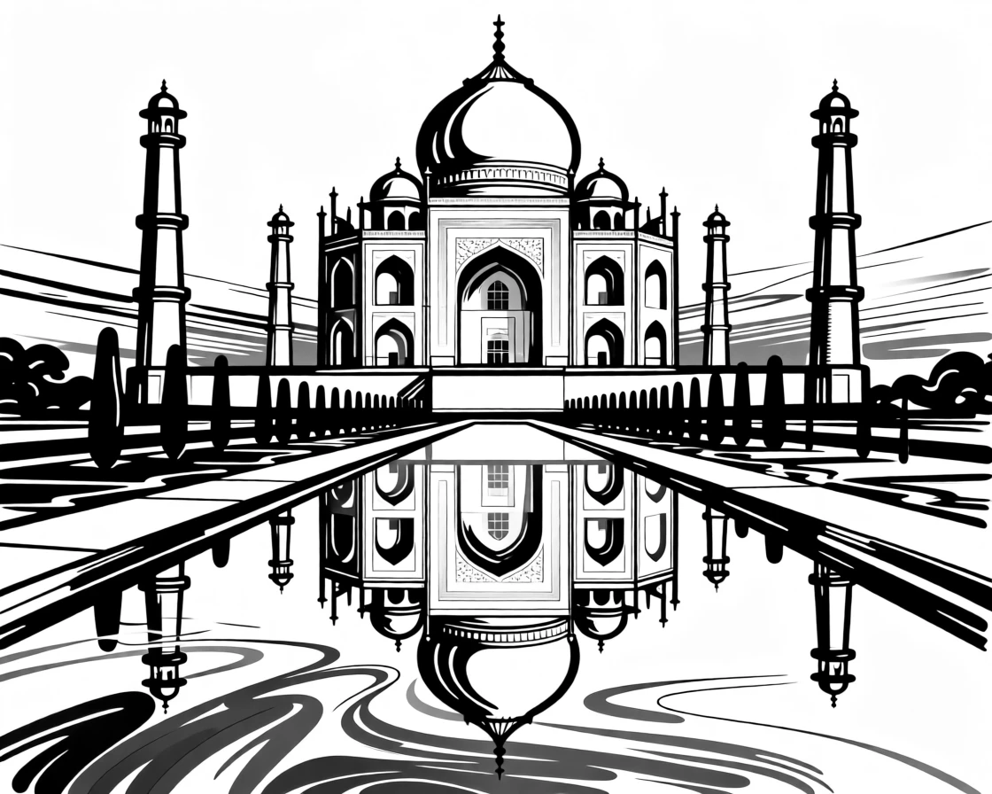 The Taj Mahal reflected perfectly in its long reflecting pool at sunrise.