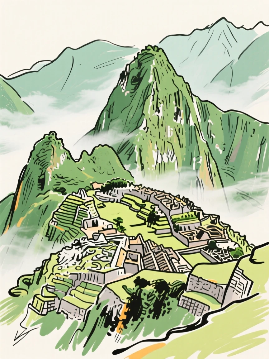 Machu Picchu nestled among misty green Andean peaks.