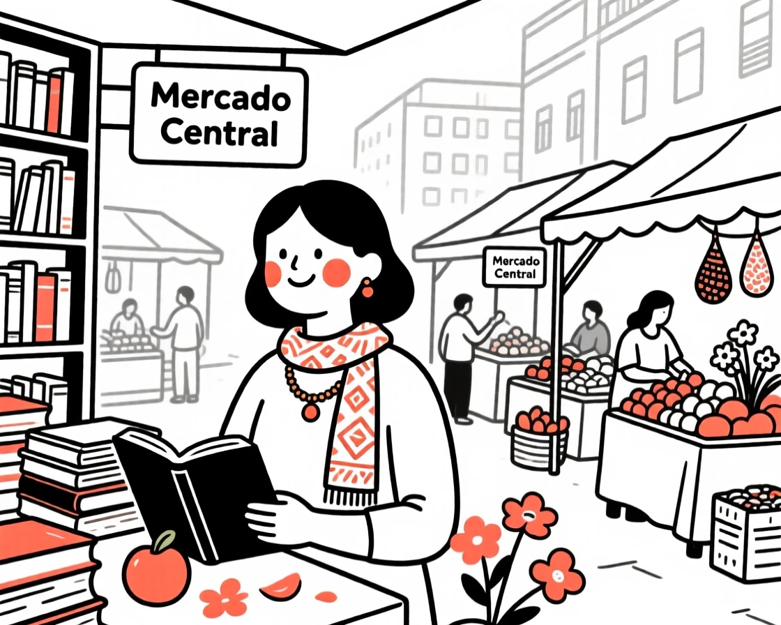 A librarian of brazilian heritage surrounded by books, full of curious wonder, in a bustling city market.
