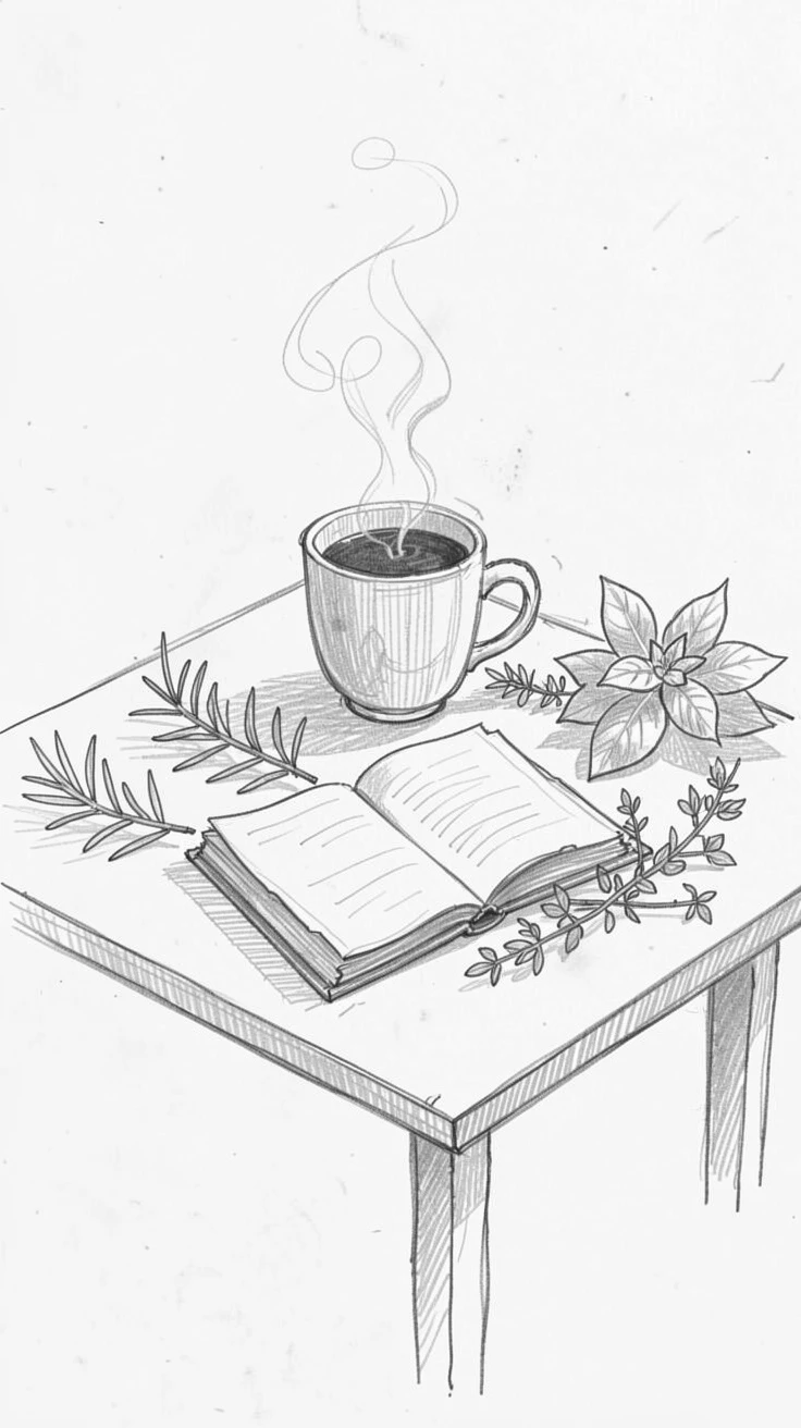 A cozy food scene featuring a steaming cup of coffee beside an open book on an outdoor garden table, with fresh herbs scattered nearby.