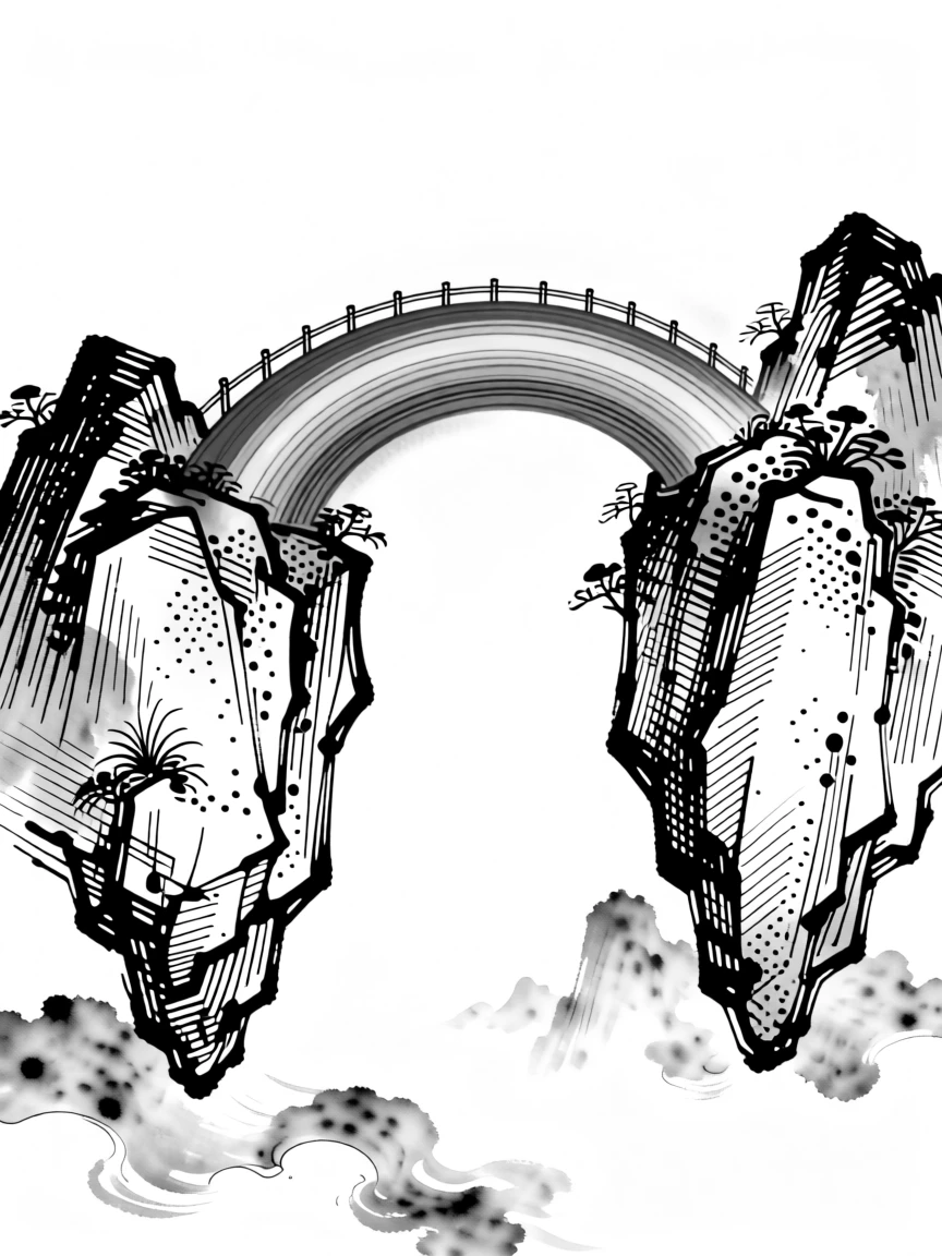 A magical bridge made of rainbow light connecting two floating mountain peaks.
