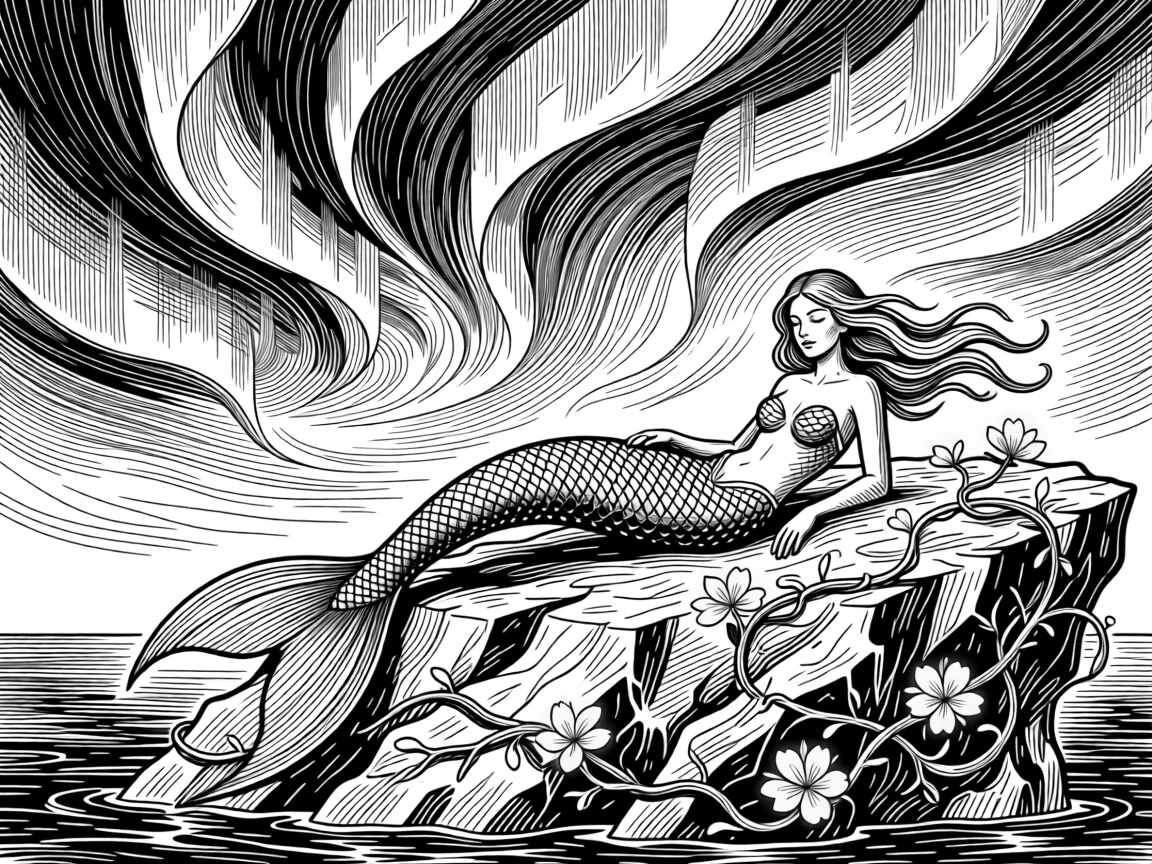 A mermaid resting on a moonlit reef under a sky streaked with aurora light, with vines wrapped with softly glowing blossoms, forming an epic and dreamlike fantasy scene.