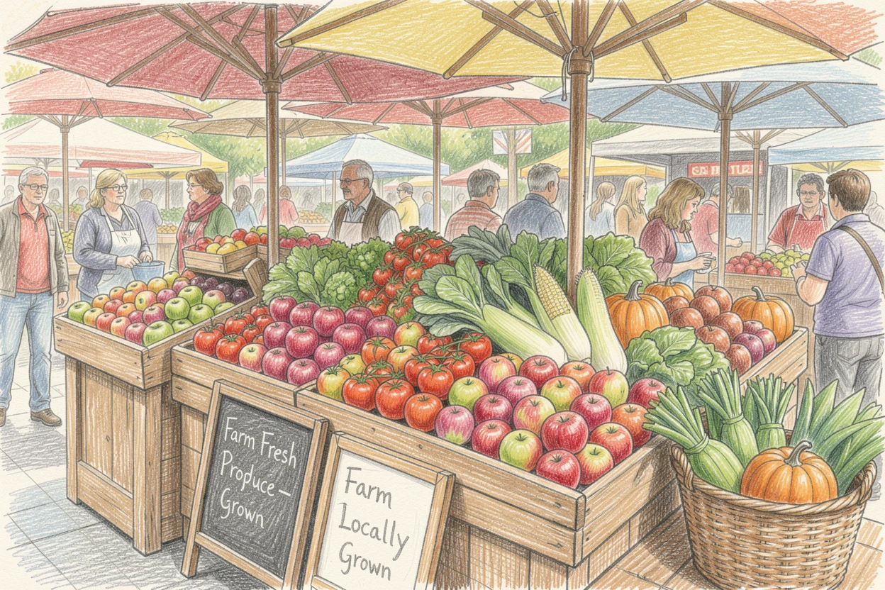 A bustling farmers market stall piled high with fresh produce, with a gentle play of light and shadow across the composition, celebrating a moment people would love to revisit.