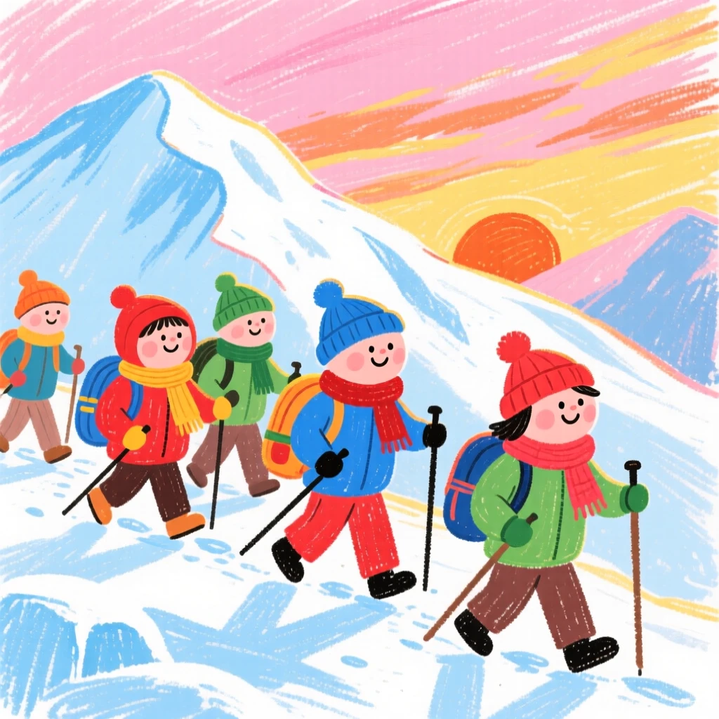 A group of campers crossing a snowy alpine ridge at sunrise.