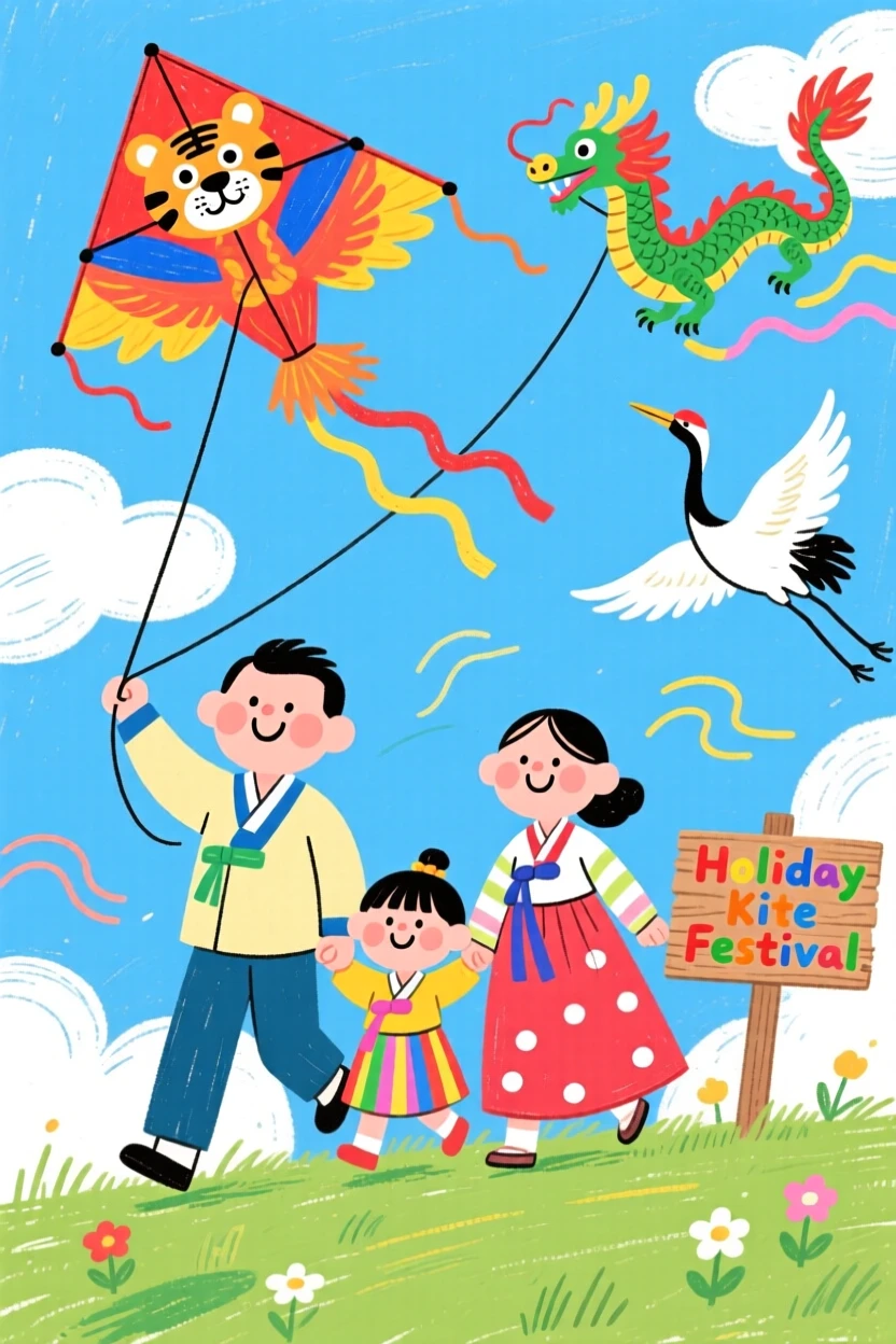 A Korean family flying traditional kites shaped like animals during a holiday.