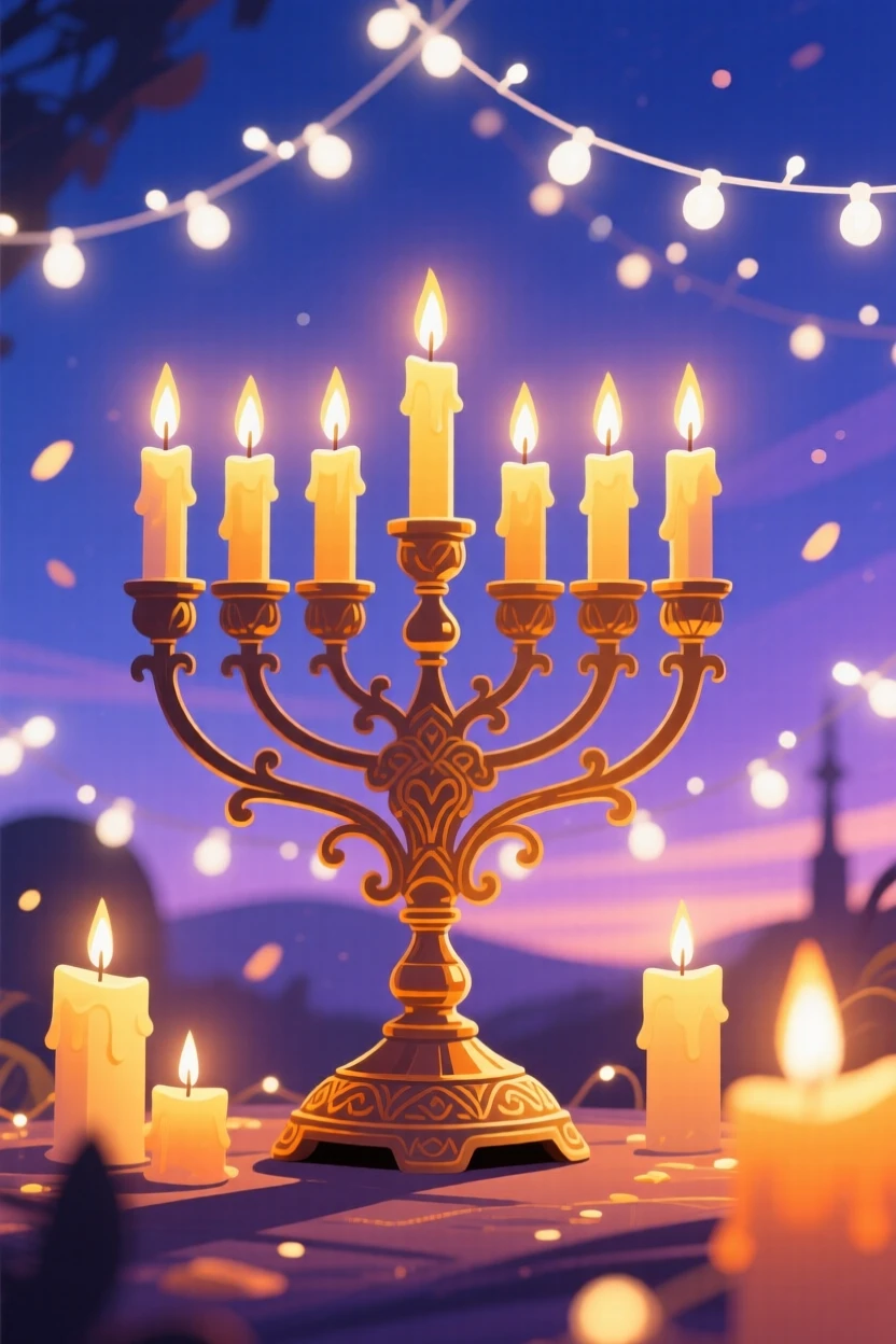 A Hanukkah celebration with a glowing menorah, surrounded by twinkling fairy lights at dusk, composed with warm inviting light filling the scene, with warm twinkling lights adding a magical sparkle.