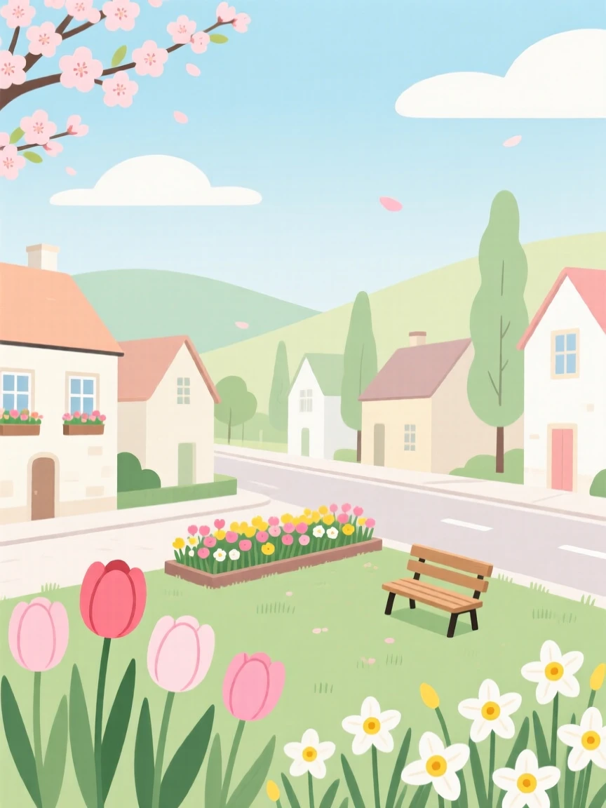 A spring scene of flowers blooming in a small countryside town.