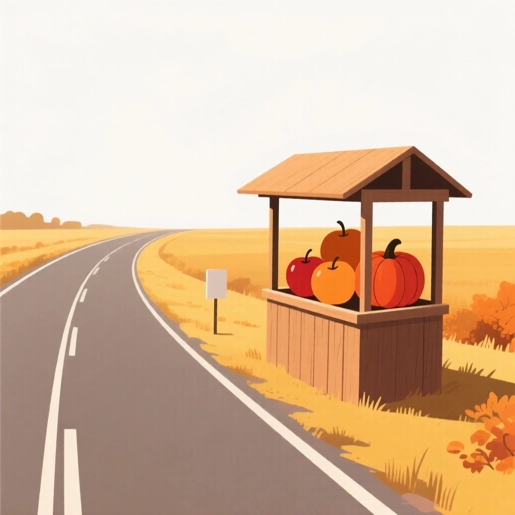 A golden autumn light covering a quiet countryside road as a wooden fruit stand appears in the distance, full of quiet transformation.