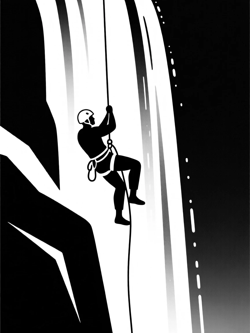 An explorer rappelling down a towering waterfall.