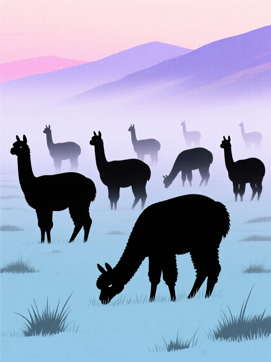 A herd of alpacas grazing together on a misty highland field.