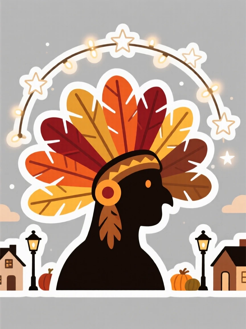 A warmly nostalgic turkey feather headdress for a harvest celebration, surrounded by twinkling fairy lights, as the whole neighborhood celebrates together.