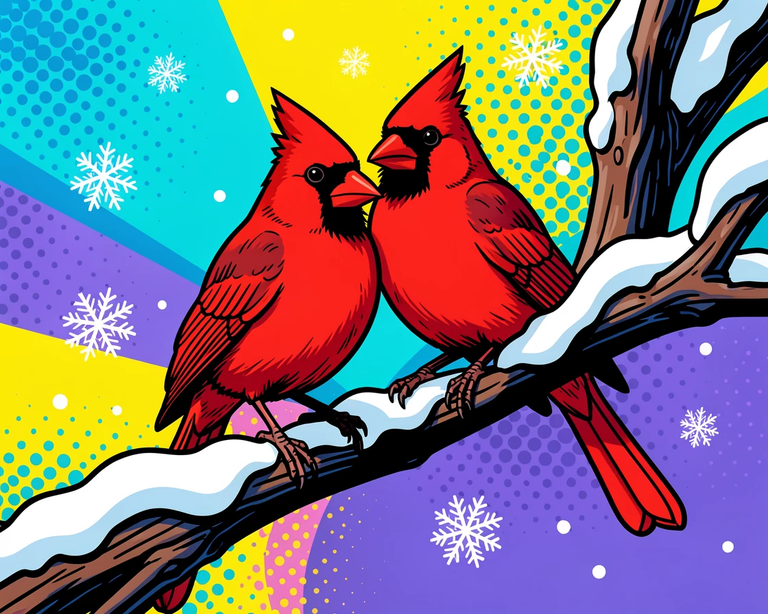 A pair of cardinals perched on a snow-dusted branch