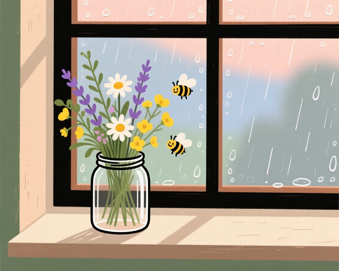 A windowsill holds a simple arrangement of fresh-cut wildflowers in a glass jar, lit softly by late afternoon light beside a rain-speckled pane.