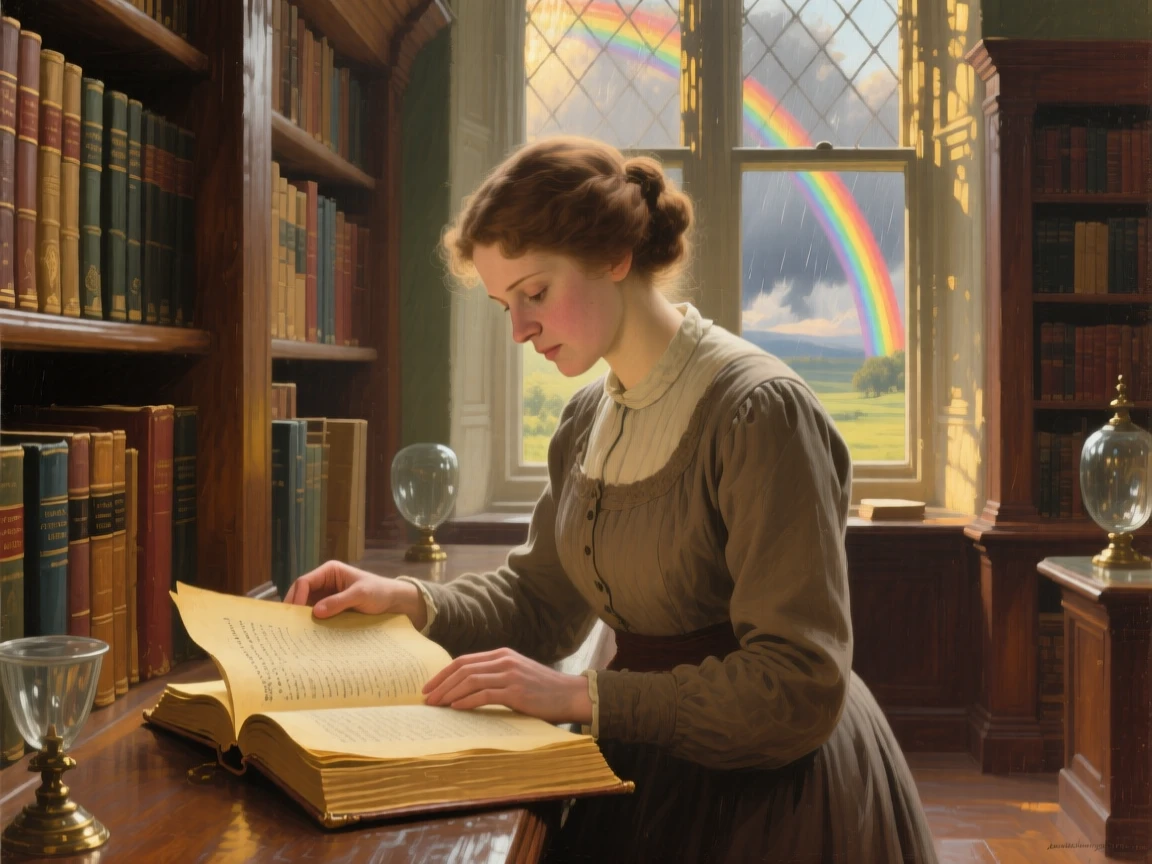 A medium shot of a librarian carefully turning the pages of an ancient book, in late afternoon, under a rainbow after a storm.