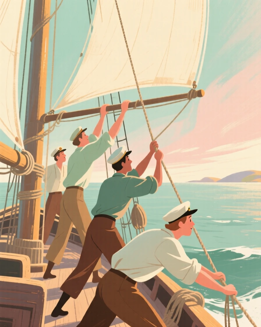 A ship's crew hoisting sails as they depart for a distant shore