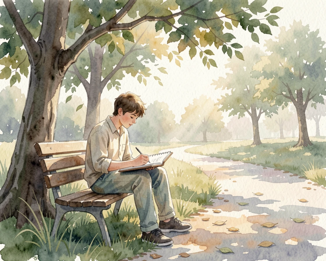 A young artist sketching in a park.
