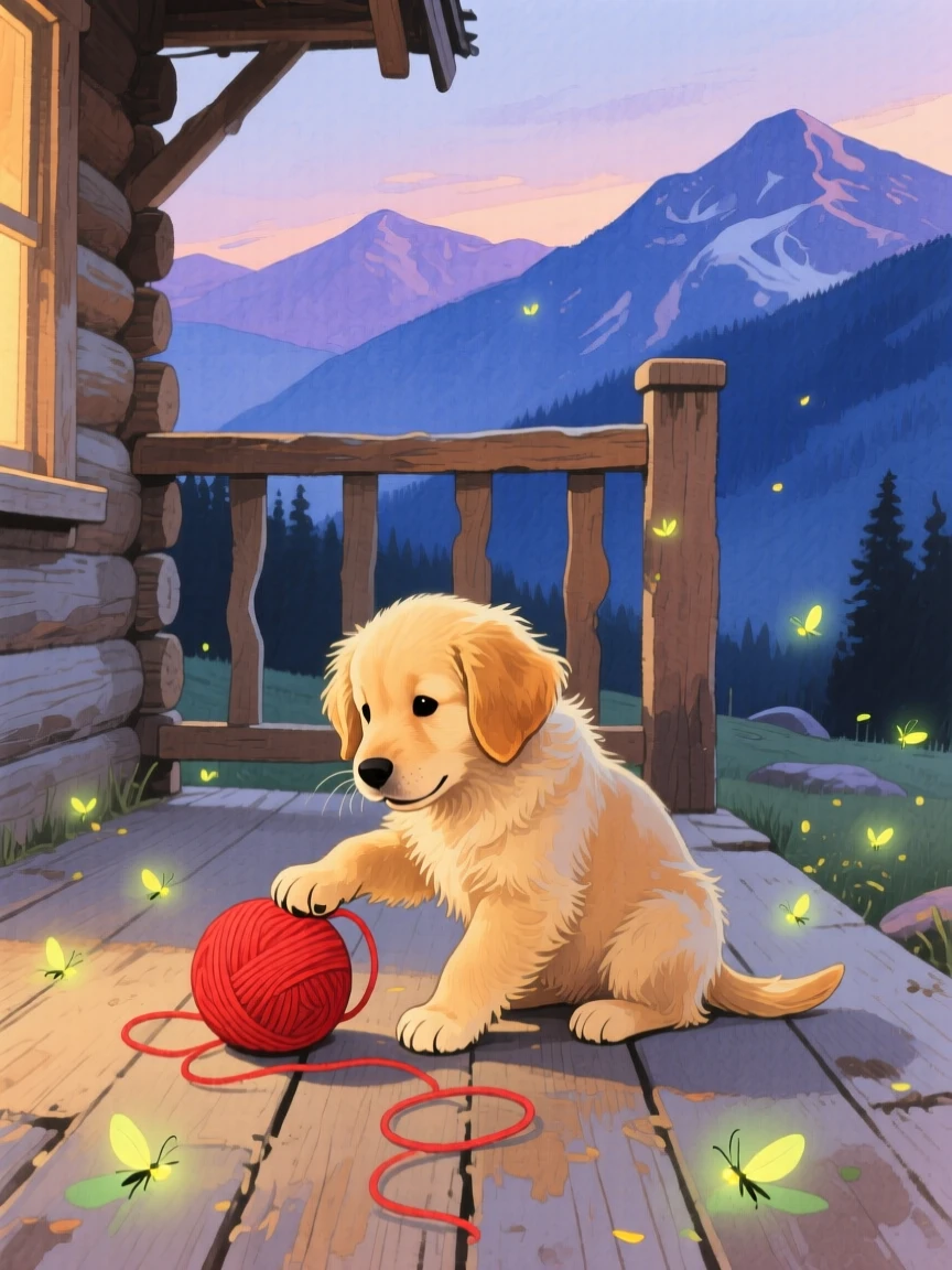 A golden retriever puppy plays with a ball of yarn in a mountain cabin porch, as fireflies begin to glow at dusk