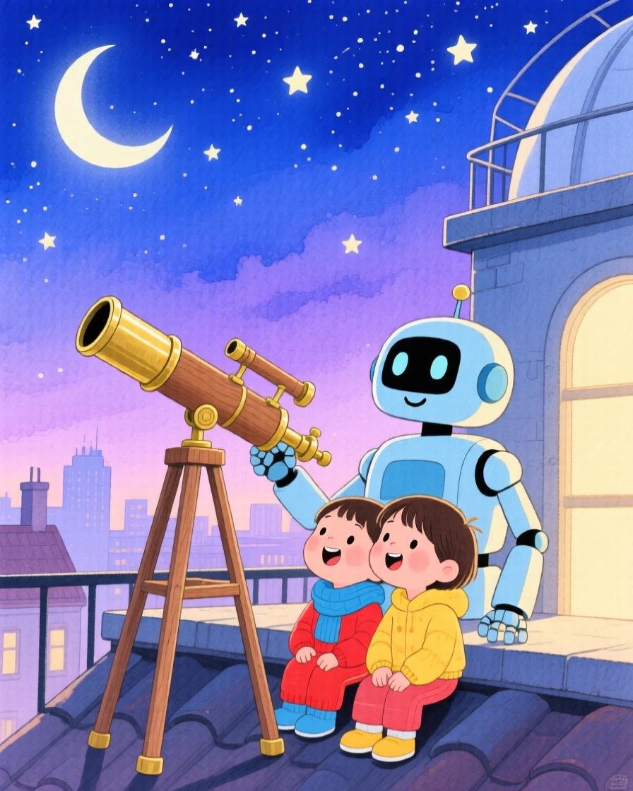 A robot and child stargazing from a rooftop observatory, full of wonder and discovery.