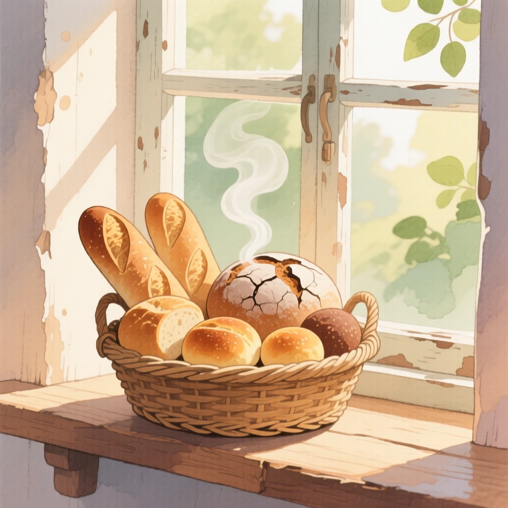 A basket of freshly baked bread cooling on a windowsill with steam rising, evoking warmth, comfort, and togetherness.