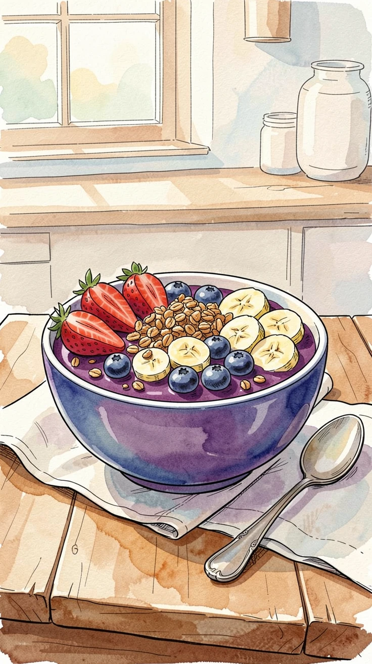 A colorful bowl of acai topped with fresh fruit and granola, a cozy, homemade atmosphere filling the scene.