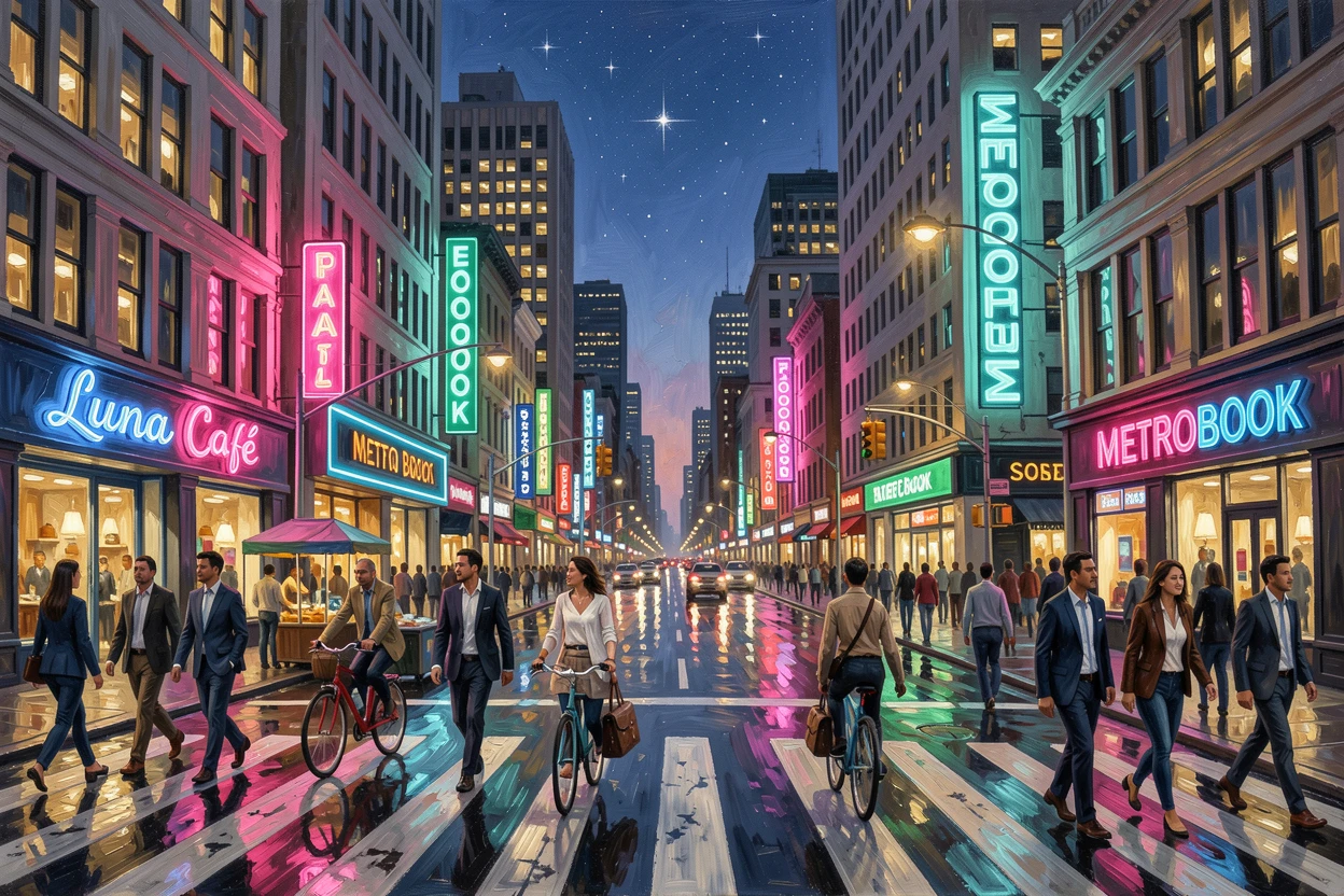 A bustling city street lined with neon signs, office lights slowly switching off as evening falls, with a busy crosswalk full of pedestrians, on a clear night, city lights sparkling beneath a starry sky.