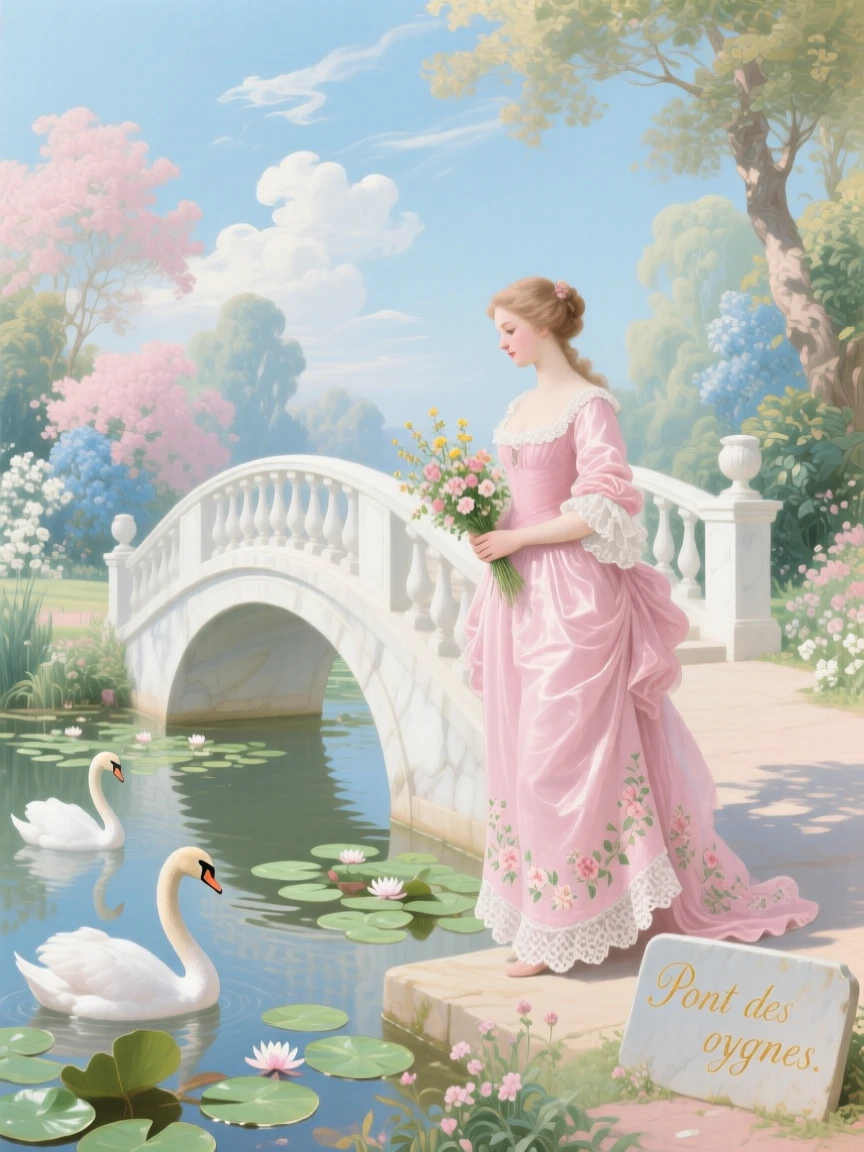 A white marble bridge crossing a lily pond filled with swans  