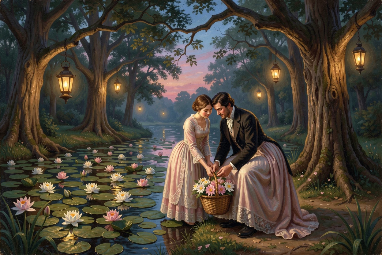 A couple gathers blooms in a garden pond covered in water lilies as lanterns are lit for evening.