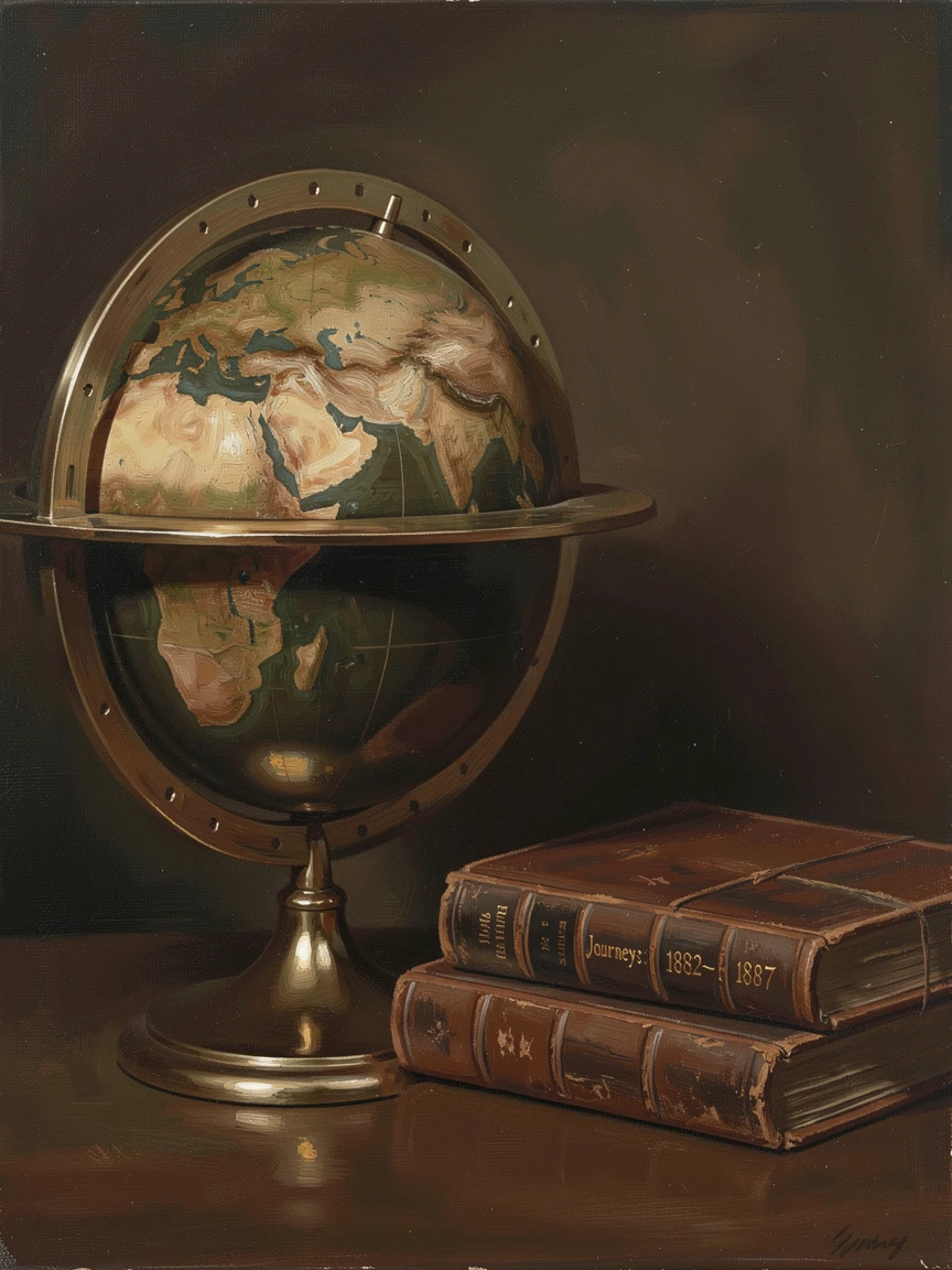 A vintage globe illuminated softly beside a stack of travel journals, as reflections shimmer subtly across polished surfaces, radiating warmth, richness, and understated opulence