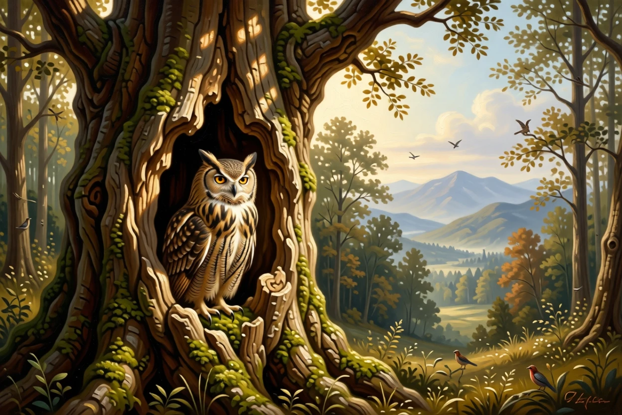 A wise old owl perched silently in an ancient hollow tree in a fleeting instant of natural beauty rarely witnessed, set within a sunlit forest clearing alive with birdsong, with distant mountains or forests fading softly into the horizon; a low, respectful vantage point lends the creature quiet majesty, radiating peace, freedom, and untamed beauty.