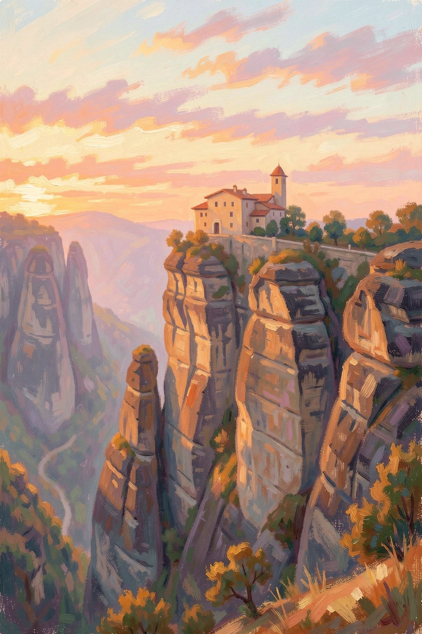 A cliffside monastery in Meteora, Greece, perched dramatically atop towering rock pillars at sunset, under a glowing sunset sky, radiating joy and gentle celebration.