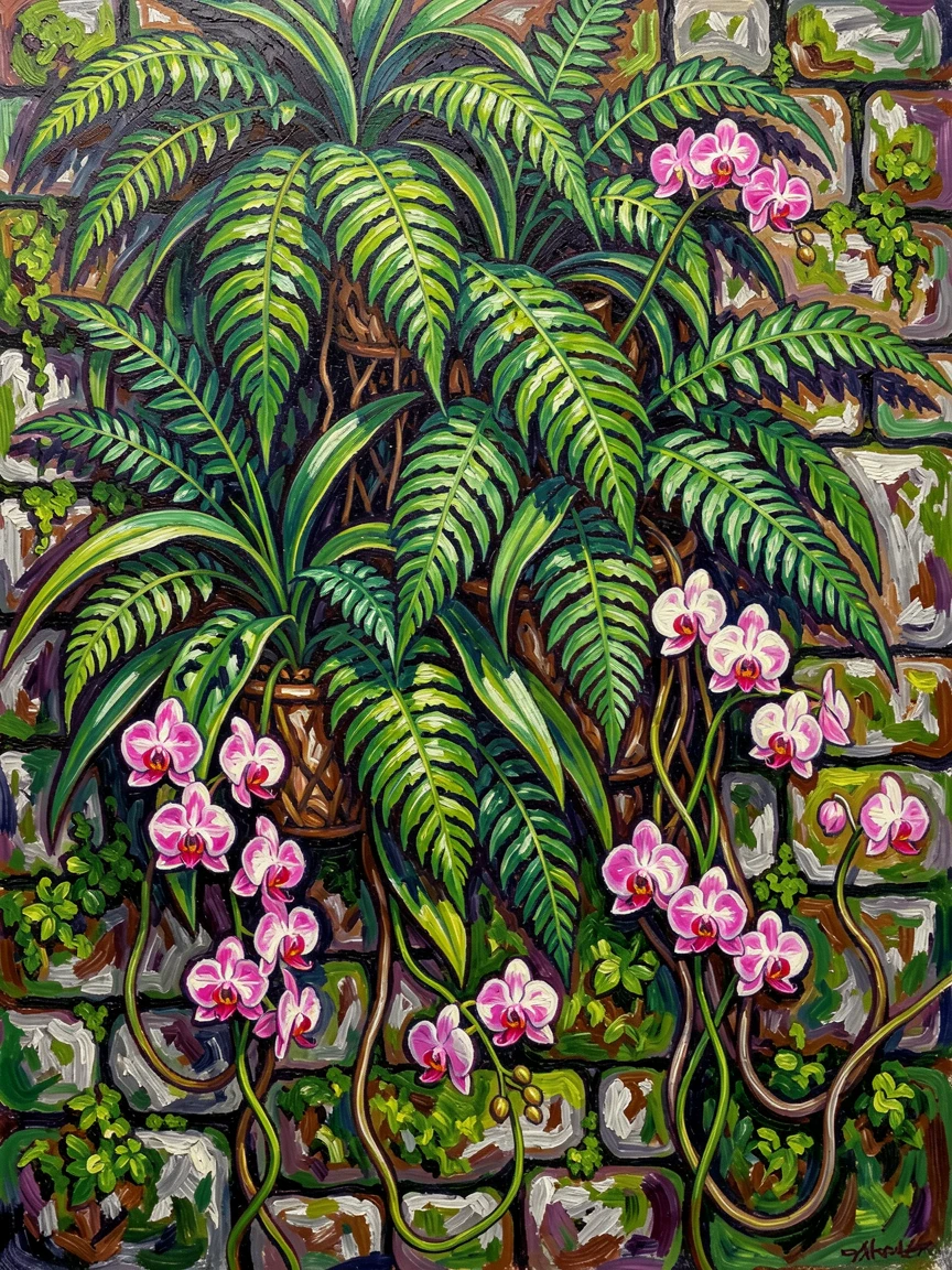 A hanging garden of ferns and orchids cascading down a mossy stone wall.