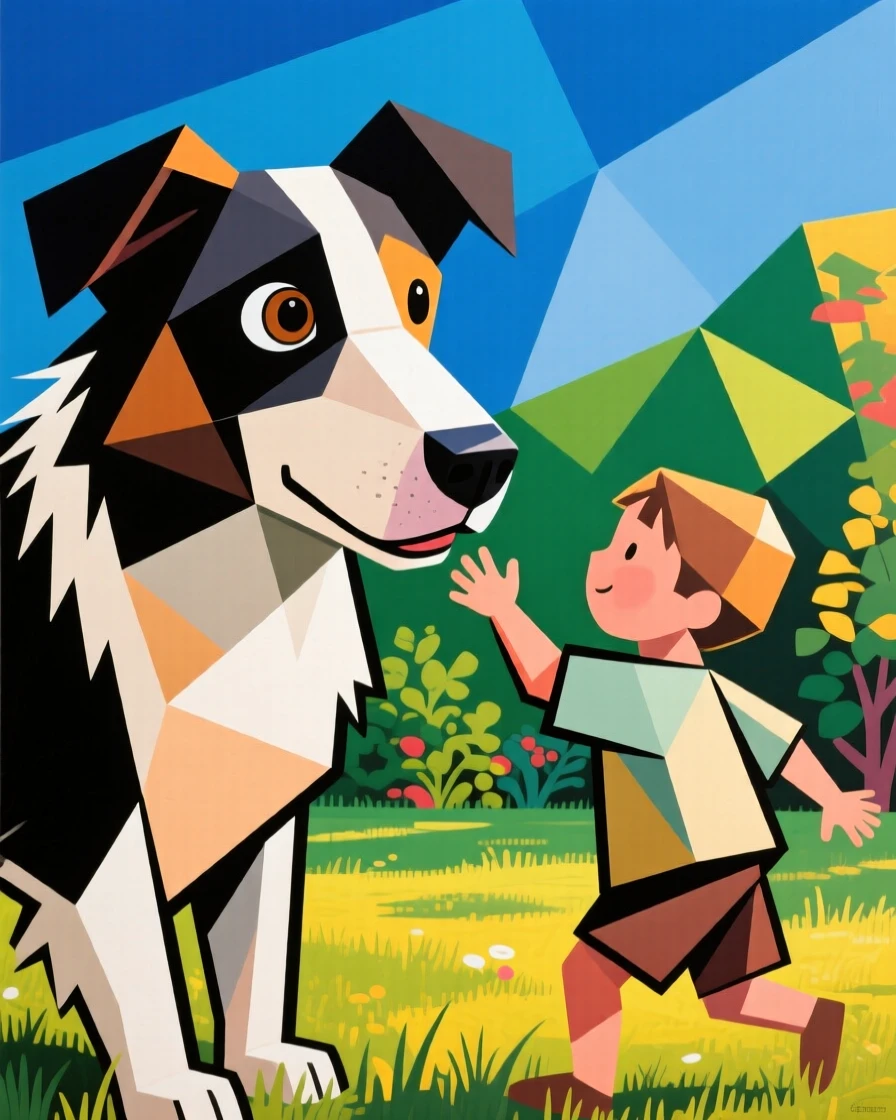 A charming close-up of a spirited border collie playing with a child in a garden on a bright afternoon.