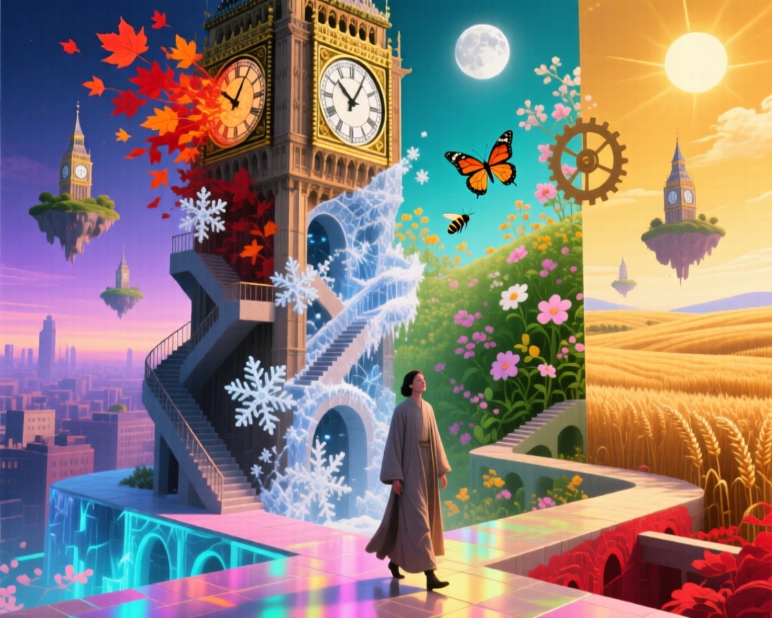 A clock tower whose face shows a different season on each side folds back upon itself in impossible geometry, while a lone figure walks calmly through its impossible turns.