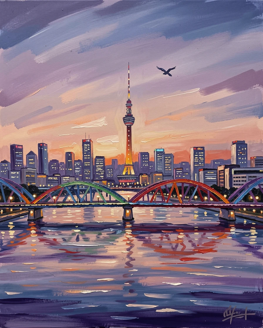 The Seoul skyline glows beneath Namsan Tower at dusk, the Han River reflecting countless city lights as bridges illuminate in rotating colors, the silence broken only occasionally by the call of a bird crossing the open sky.