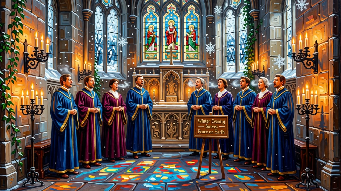 A choir singing in a candlelit stone chapel during a winter evening service