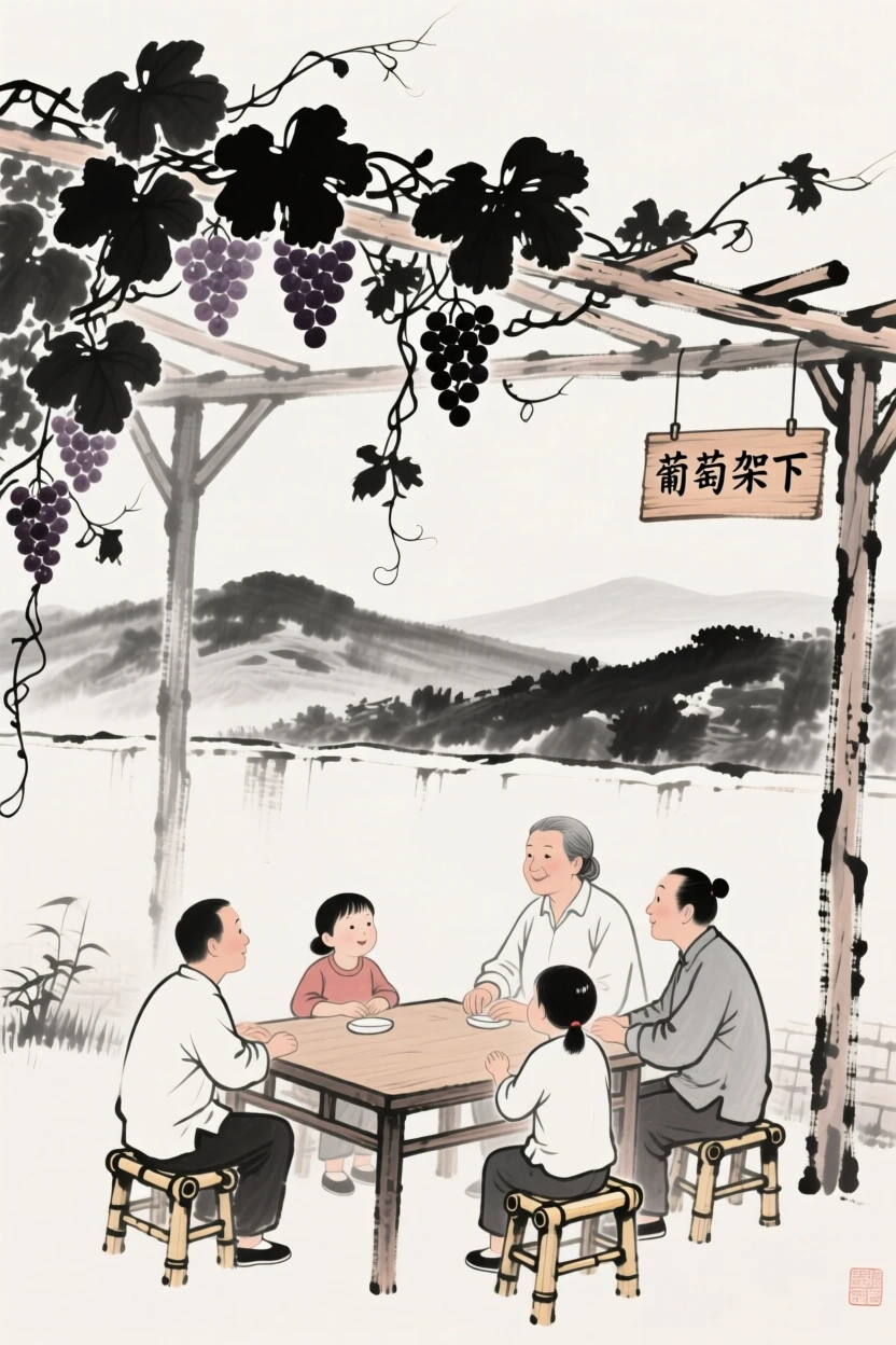 A family gathers around a table beneath a trellis of hanging grapevines, with distant hills visible beyond the garden wall.