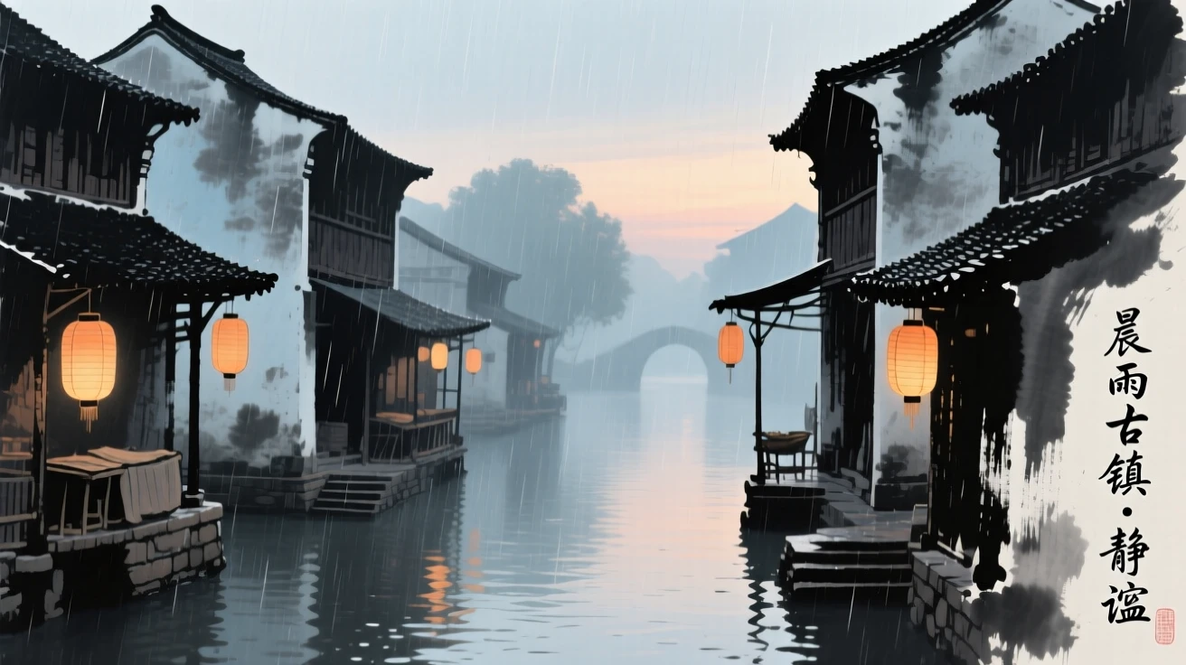 An ancient market town bustling quietly along a canal at dawn, evoking a sense of quiet solitude, through a curtain of fine rain, as lanterns are lit for the evening.