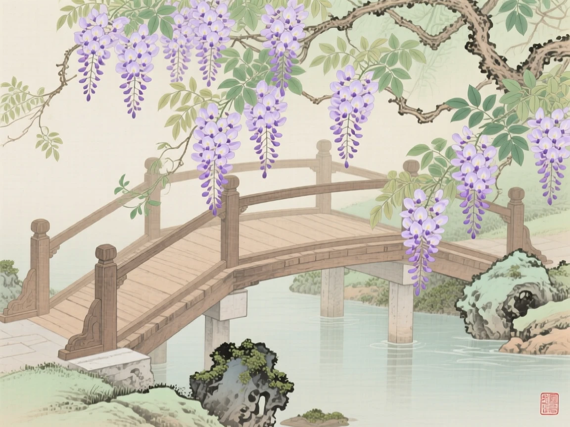 Wisteria blossoms cascading over a garden bridge in late spring