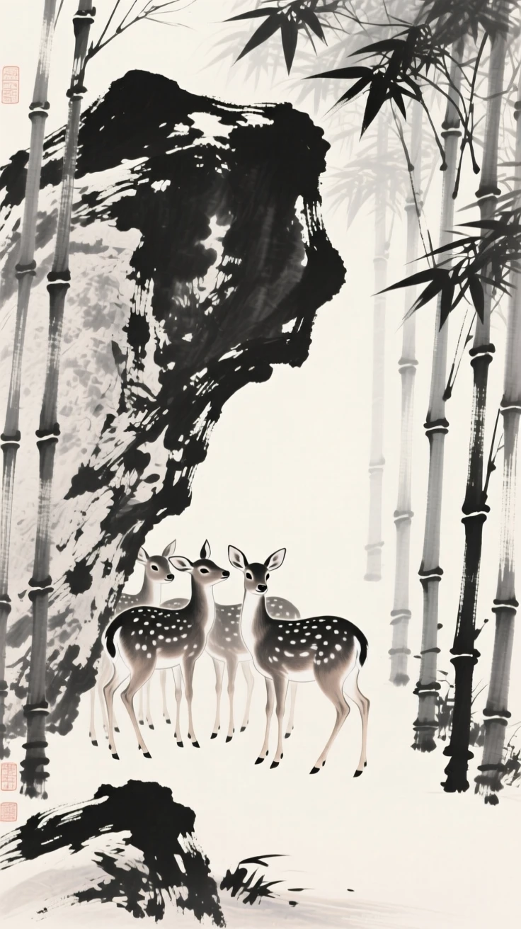 A small herd of deer sheltering beneath overhanging rock through a bamboo thicket, positioned off-center, leaving space for the quiet landscape around it, evoking the gentle rhythm of the natural world.