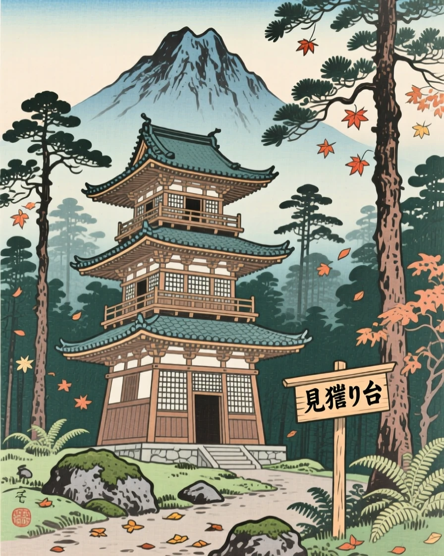 An ancient city watchtower climbing through a forest toward the summit.