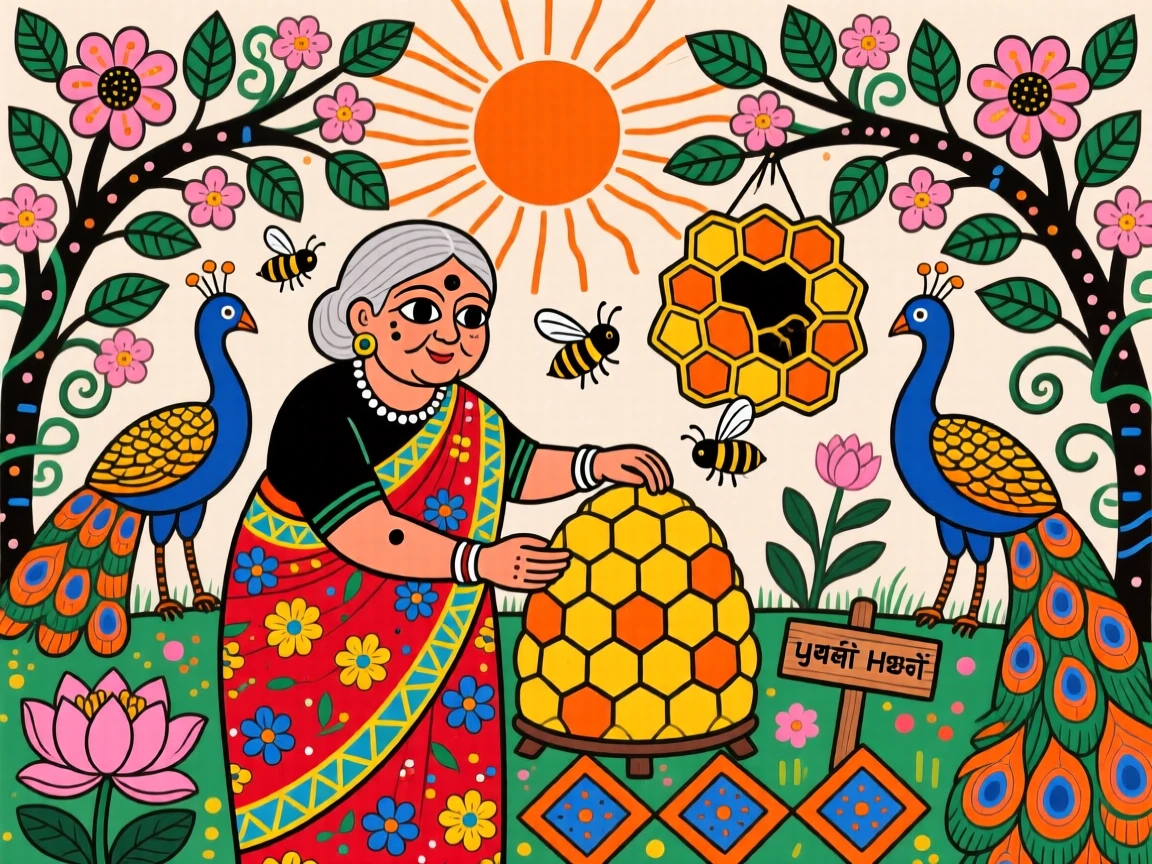 A grandmother tending a hive of bees in her garden at dawn.