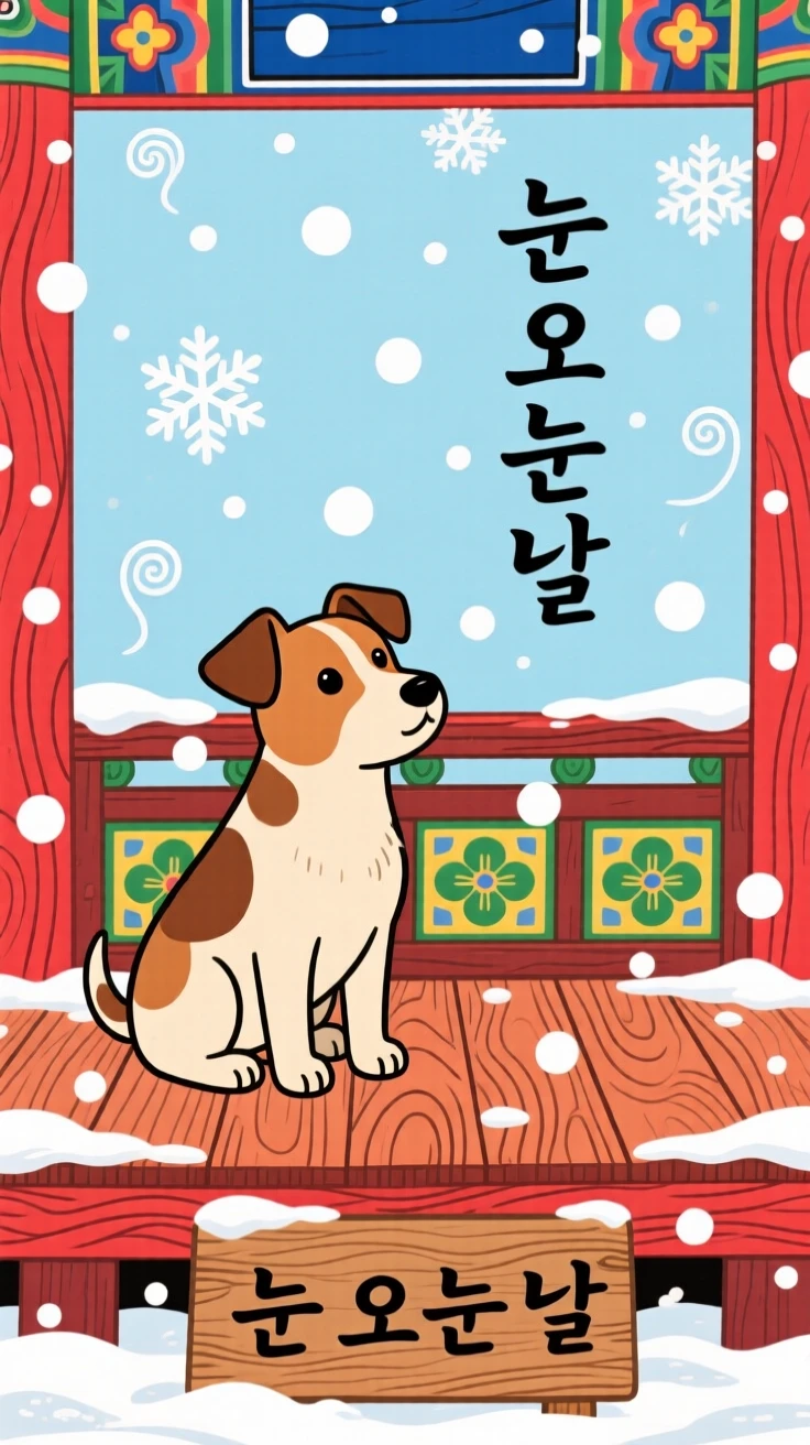 A small terrier watching snow fall from a porch.