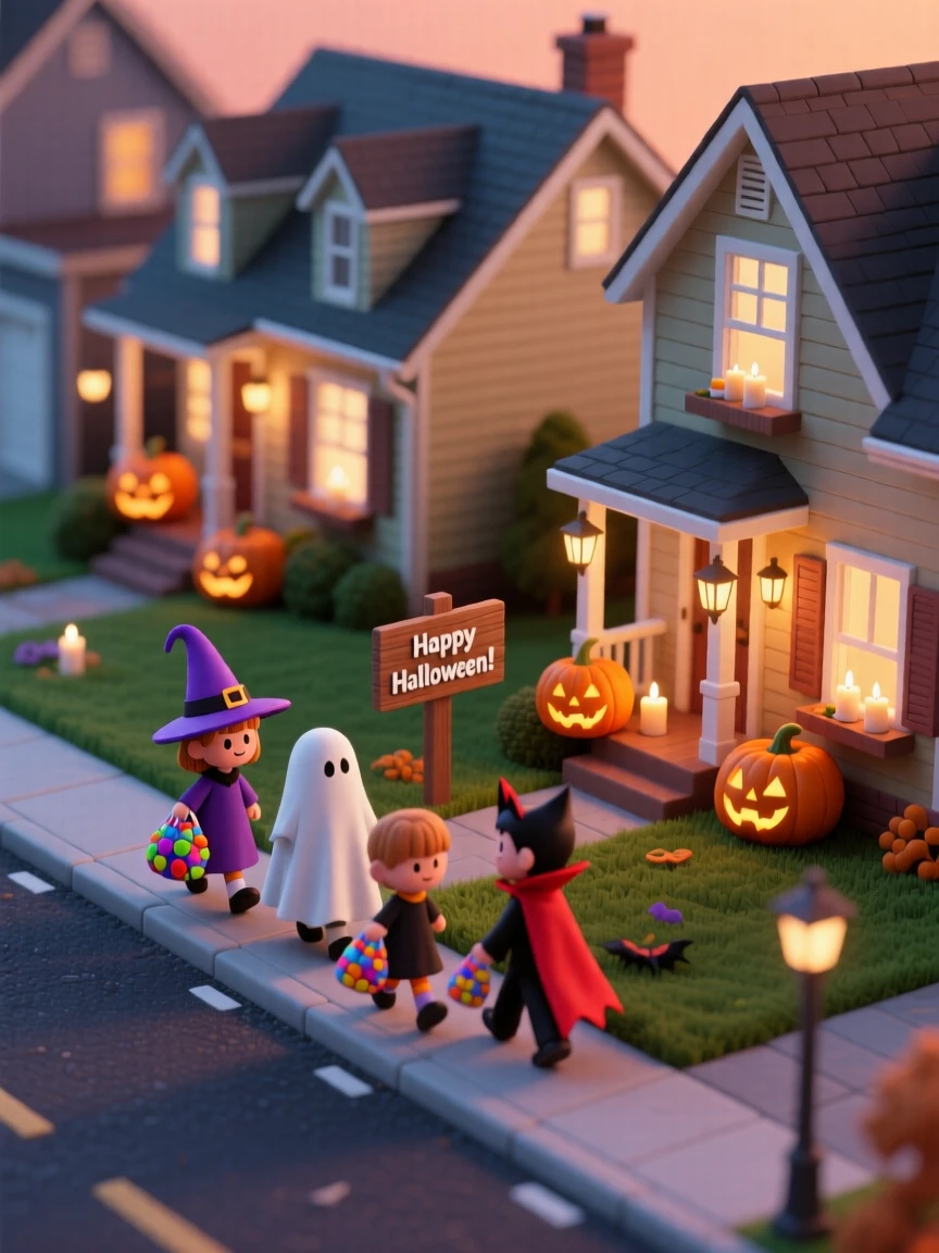 A Halloween trick-or-treating scene on a suburban street, jack-o'-lanterns glowing on porches, and costumed children carrying candy bags.