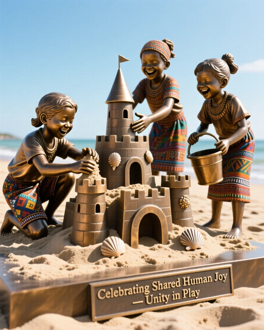Children building sandcastles on a sunlit beach, with rich cultural detail and vibrant color, celebrating shared human joy