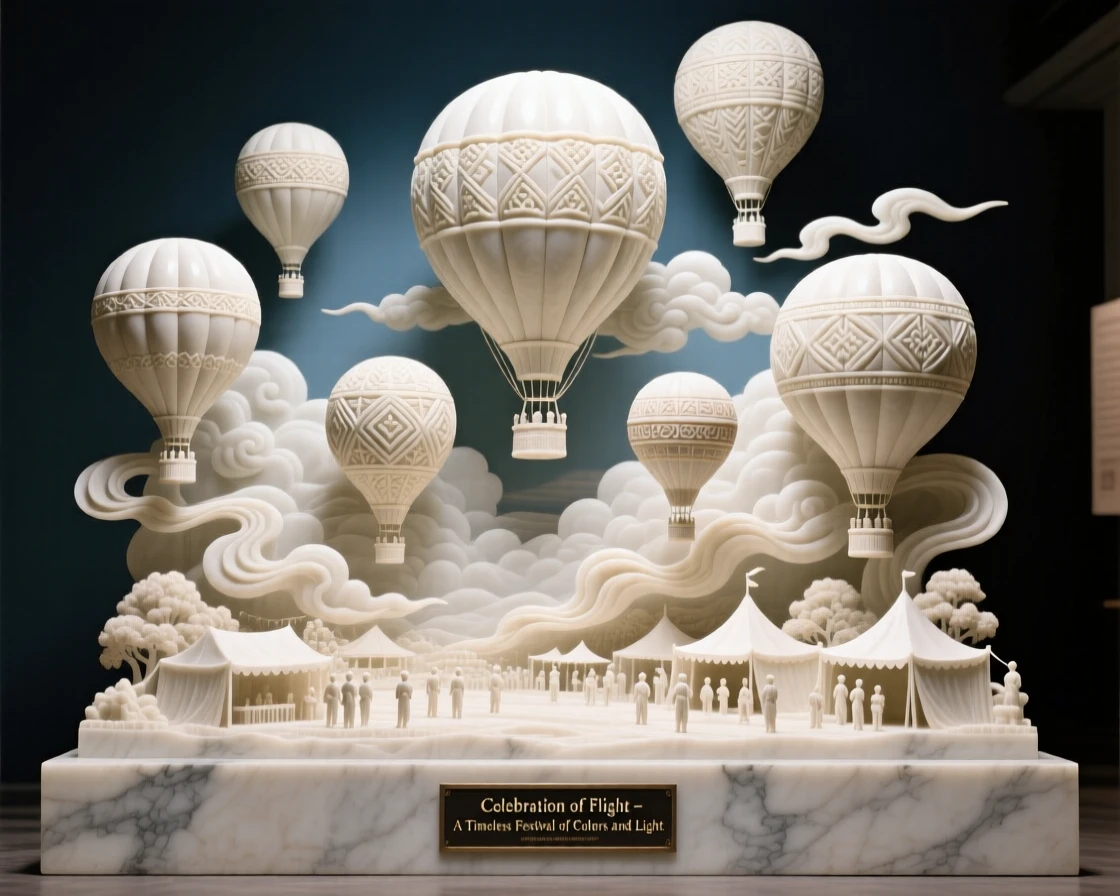A beautifully composed image of a hot-air balloon festival filling the sky with color, surrounded by soft, glowing light, full of atmosphere and visual storytelling