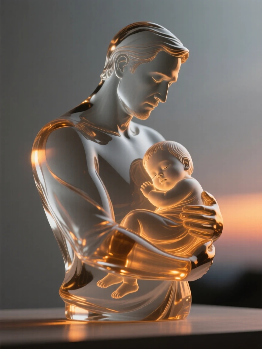A father carrying his sleeping child home at dusk while a warm light settles over the whole scene