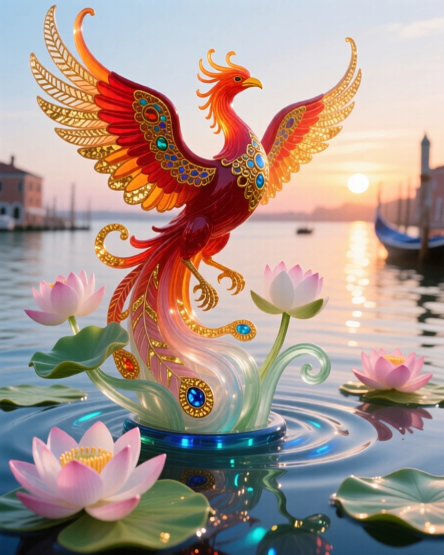 A grand phoenix rising above a blooming lotus pond at sunrise, transformative and radiant.