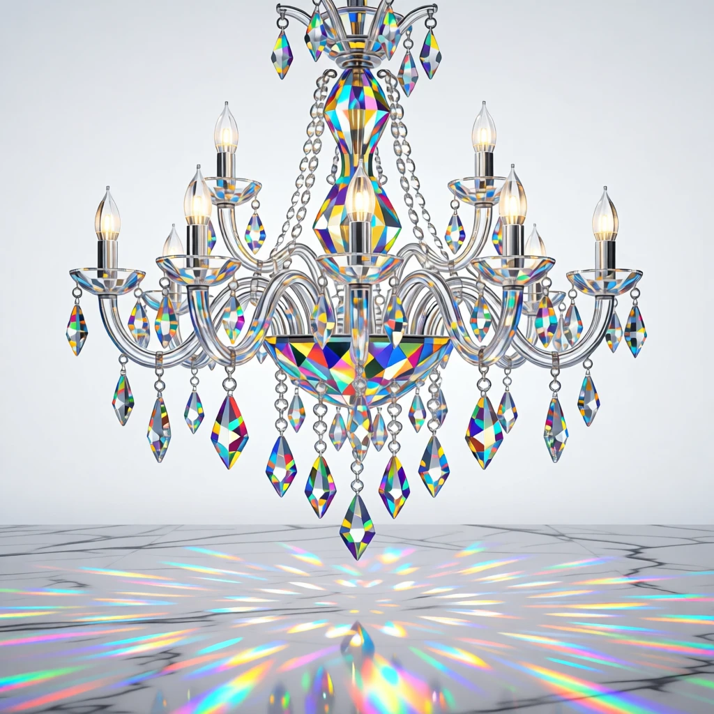 A crystal chandelier casting prismatic light patterns across a grand marble floor.